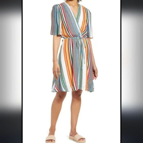 Fraiche by J, Multicolor stripes, wrap top, Short Sleeve dress - Picture 11 of 16